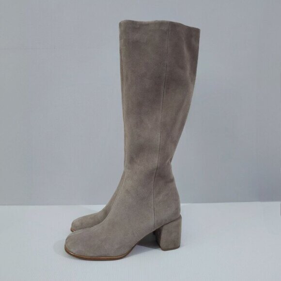Vince Maggie Knee High Boot Womens 8 Taupe Suede Tall Block Heel Fall Neutral - Picture 1 of 14